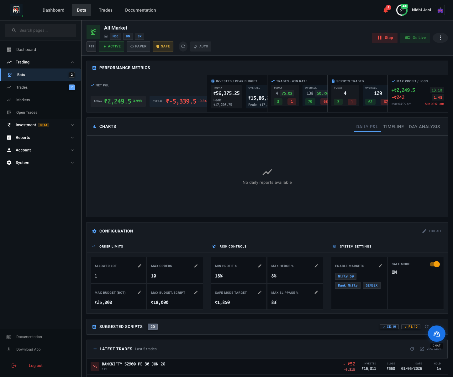 HT Bot configuration view with strategy settings and performance metrics
