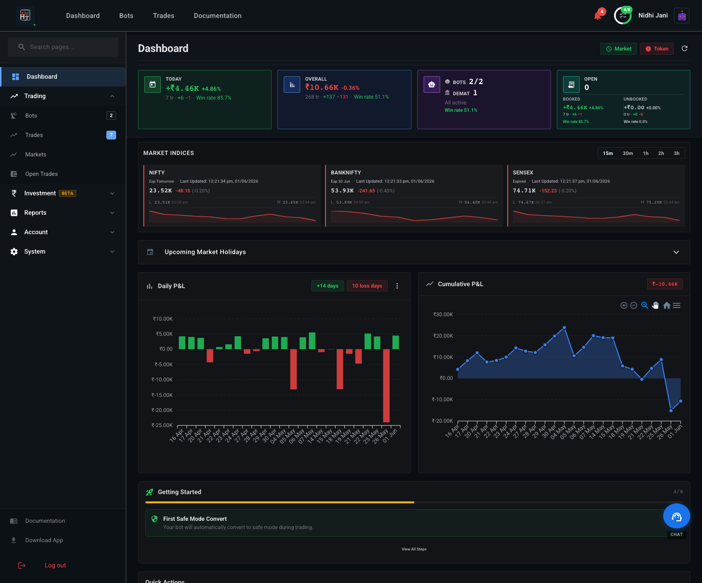 HT Bot trading dashboard showing live Nifty, BankNifty and Sensex option bots, P&L and trade logs