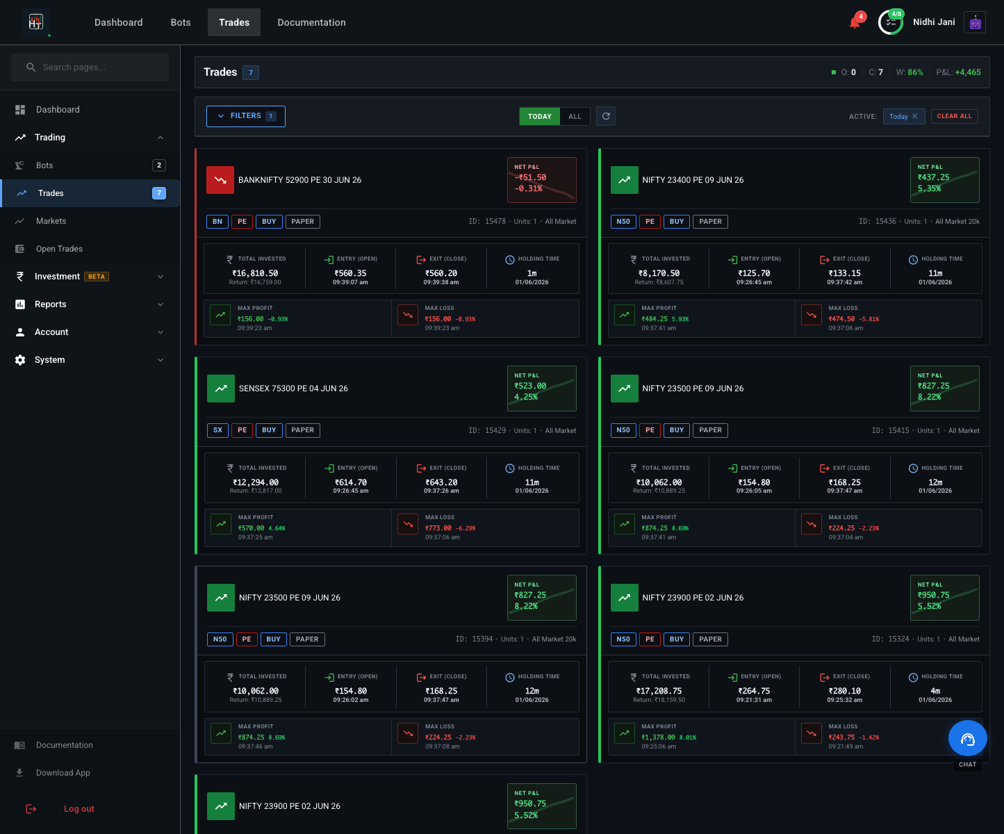 HT Bot trade history list with filters and sorting